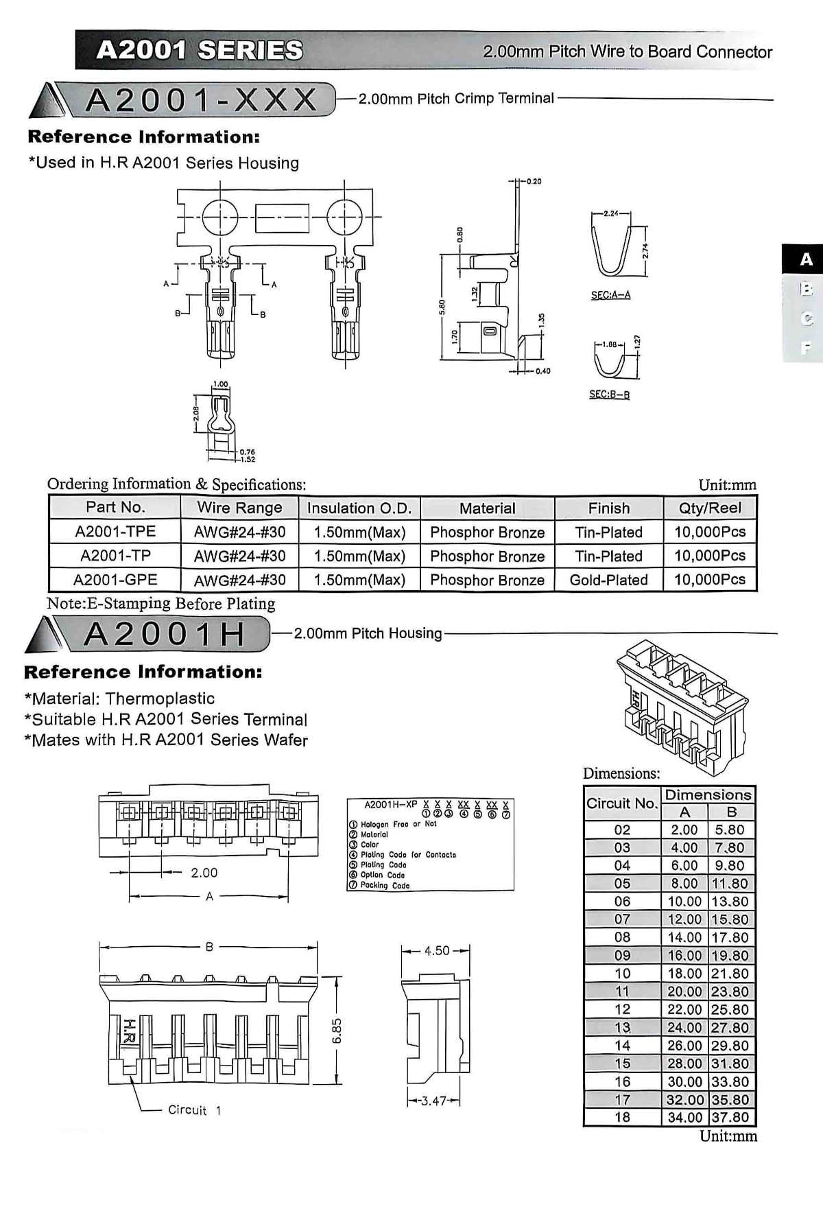 A2002 wire-to-board connecting cable Specifications